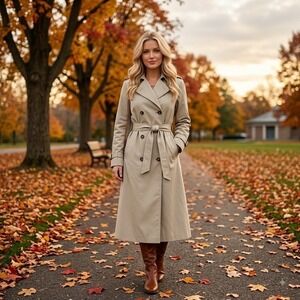 LL Bean Womens Tan Beige Double Breasted Belted Trench Coat Long Jacket Small
